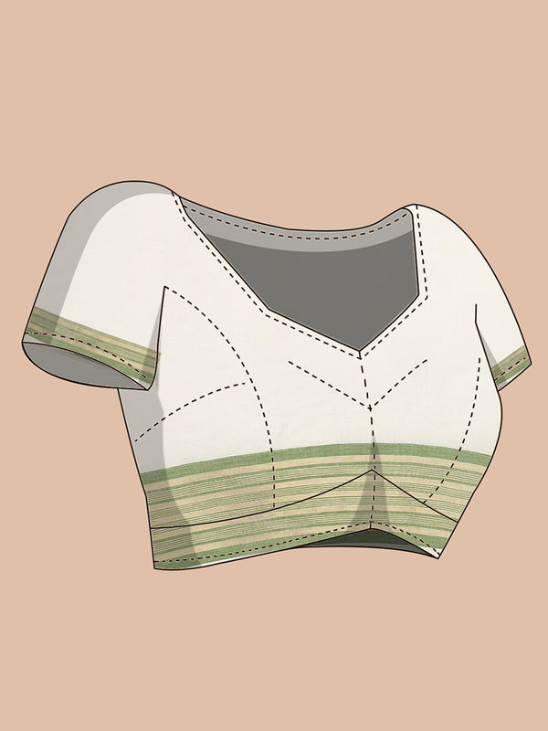 Off-White Cotton Set Saree with Olive Green and Golden Striped Kasavu Border