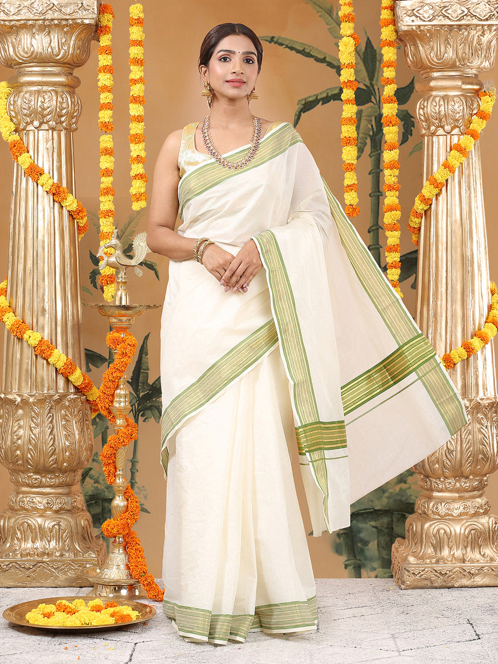 Off-White Cotton Set Saree with Olive Green and Golden Striped Kasavu Border