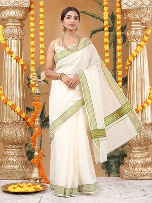 Off-White Cotton Set Saree with Olive Green and Golden Striped Kasavu Border