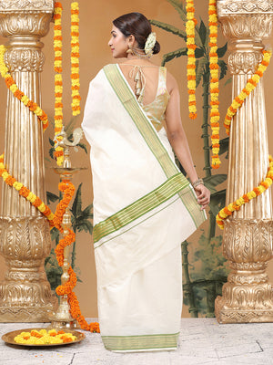 Off-White Cotton Set Saree with Olive Green and Golden Striped Kasavu Border