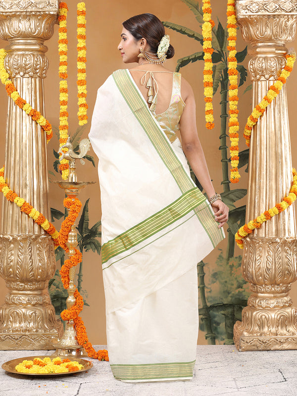 Off-White Cotton Set Saree with Olive Green and Golden Striped Kasavu Border