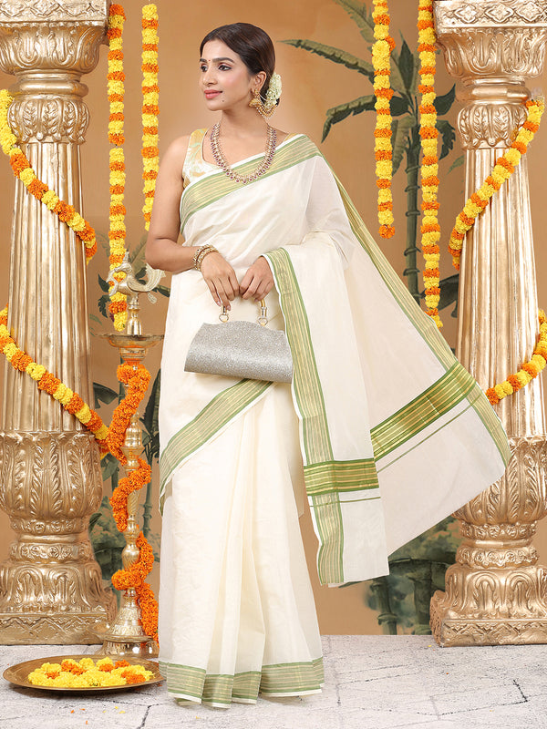 Off-White Cotton Set Saree with Olive Green and Golden Striped Kasavu Border