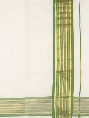 Off-White Cotton Set Saree with Olive Green and Golden Striped Kasavu Border