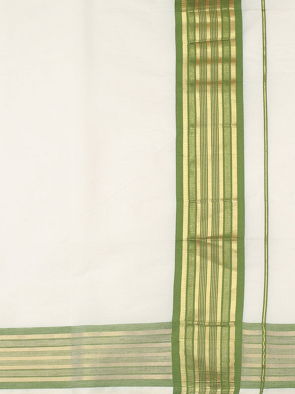 Off-White Cotton Set Saree with Olive Green and Golden Striped Kasavu Border