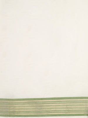 Off-White Cotton Set Saree with Olive Green and Golden Striped Kasavu Border
