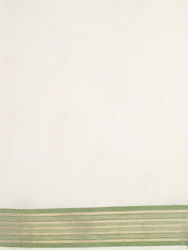 Off-White Cotton Set Saree with Olive Green and Golden Striped Kasavu Border
