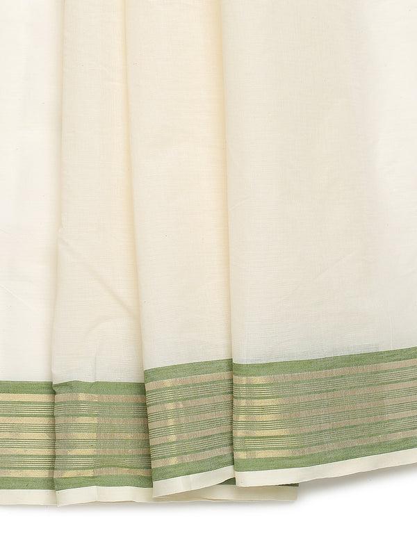 Off-White Cotton Set Saree with Olive Green and Golden Striped Kasavu Border