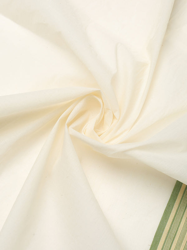 Off-White Cotton Set Saree with Olive Green and Golden Striped Kasavu Border
