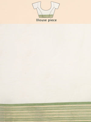 Off-White Cotton Set Saree with Olive Green and Golden Striped Kasavu Border