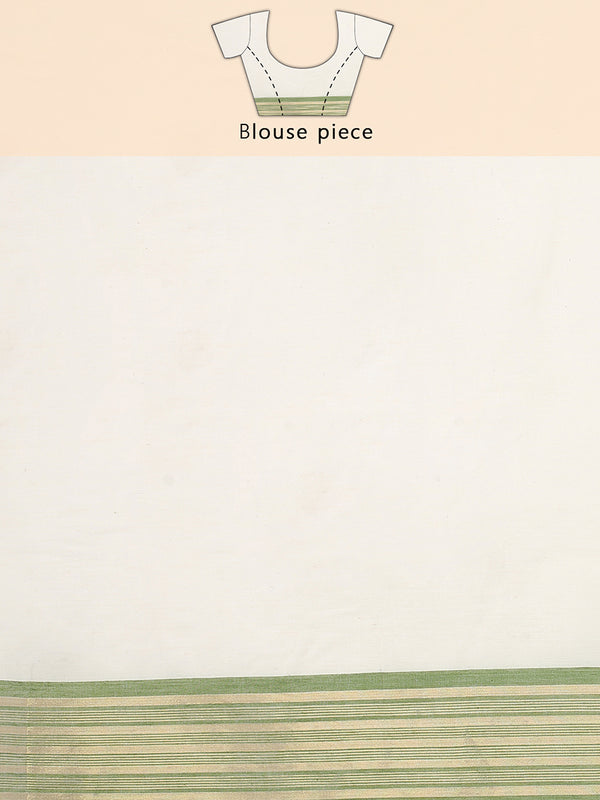 Off-White Cotton Set Saree with Olive Green and Golden Striped Kasavu Border