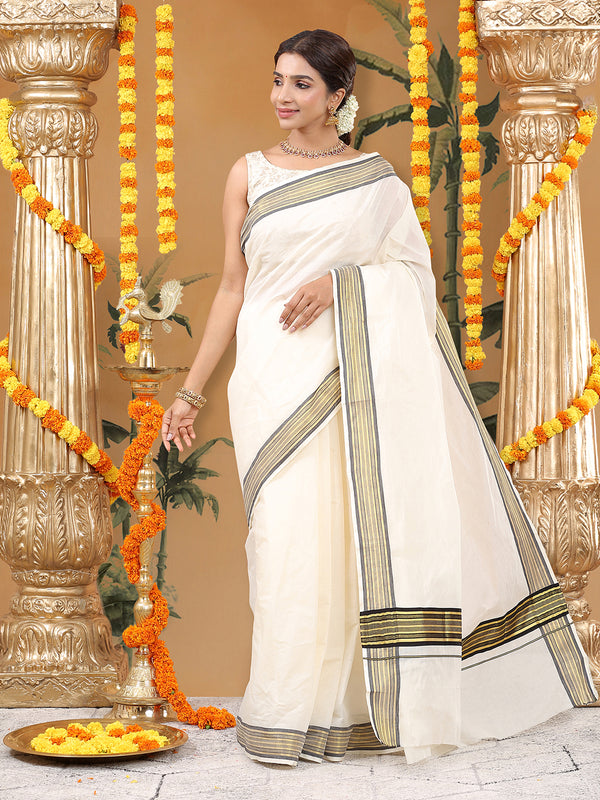 Off-White Cotton Saree with Black-Golden Striped Border & Pallu