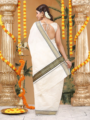 Off-White Cotton Saree with Black-Golden Striped Border & Pallu
