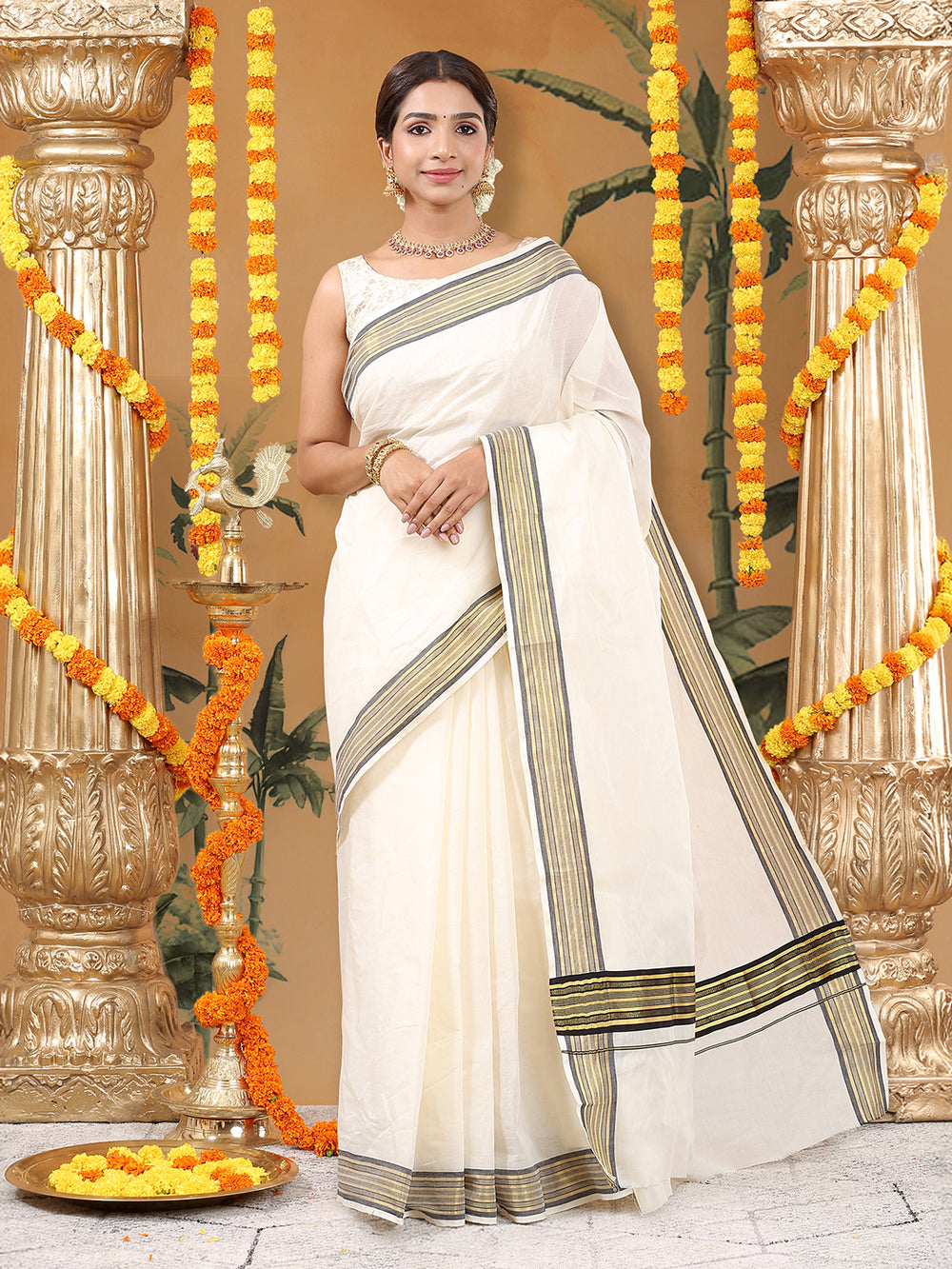 Off-White Cotton Saree with Black-Golden Striped Border & Pallu