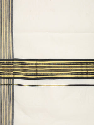 Off-White Cotton Saree with Black-Golden Striped Border & Pallu