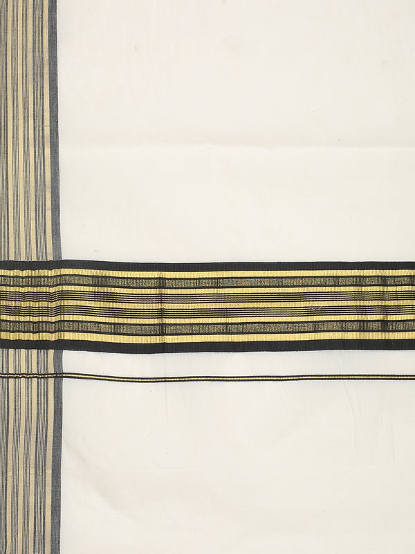 Off-White Cotton Saree with Black-Golden Striped Border & Pallu