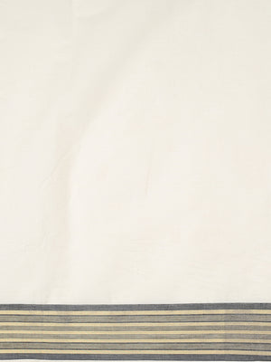 Off-White Cotton Saree with Black-Golden Striped Border & Pallu