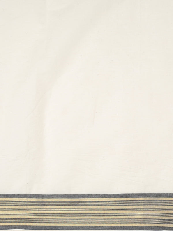 Off-White Cotton Saree with Black-Golden Striped Border & Pallu