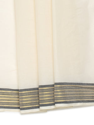 Off-White Cotton Saree with Black-Golden Striped Border & Pallu