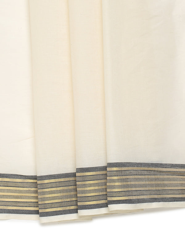 Off-White Cotton Saree with Black-Golden Striped Border & Pallu