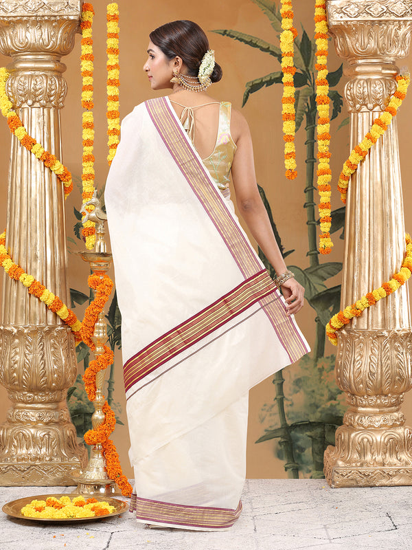 Off-White Cotton Saree with Maroon-Golden Striped Border & Pallu