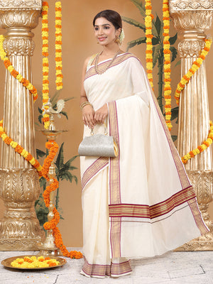 Off-White Cotton Saree with Maroon-Golden Striped Border & Pallu
