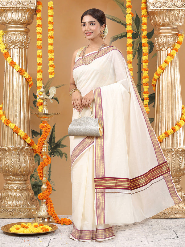 Off-White Cotton Saree with Maroon-Golden Striped Border & Pallu