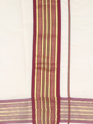 Off-White Cotton Saree with Maroon-Golden Striped Border & Pallu