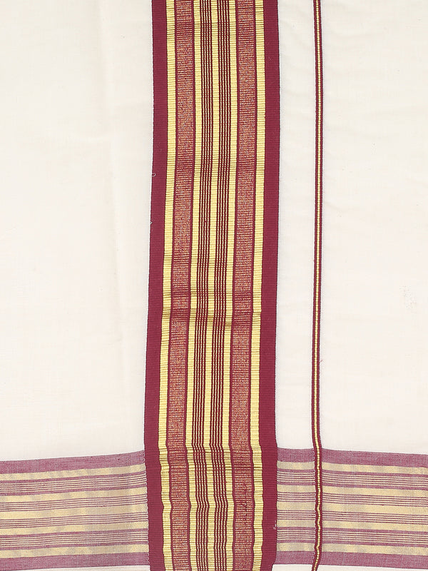 Off-White Cotton Saree with Maroon-Golden Striped Border & Pallu