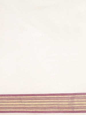 Off-White Cotton Saree with Maroon-Golden Striped Border & Pallu