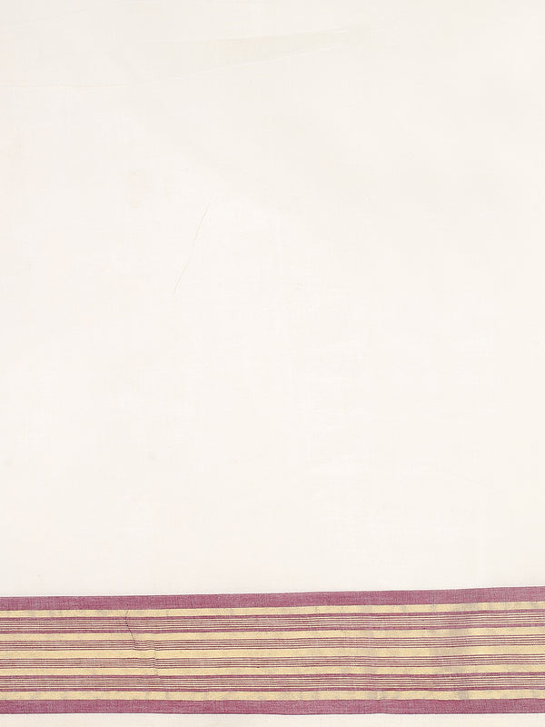 Off-White Cotton Saree with Maroon-Golden Striped Border & Pallu