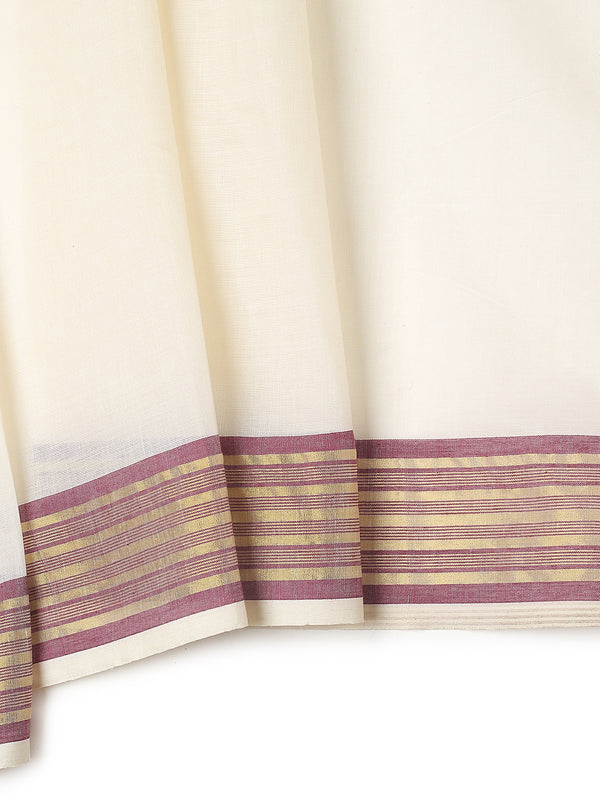 Off-White Cotton Saree with Maroon-Golden Striped Border & Pallu