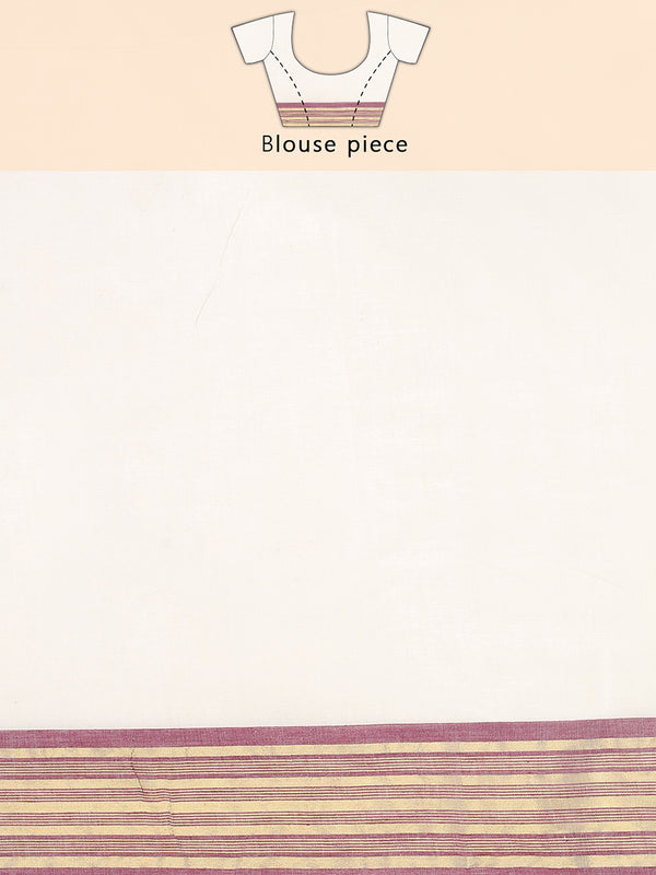 Off-White Cotton Saree with Maroon-Golden Striped Border & Pallu