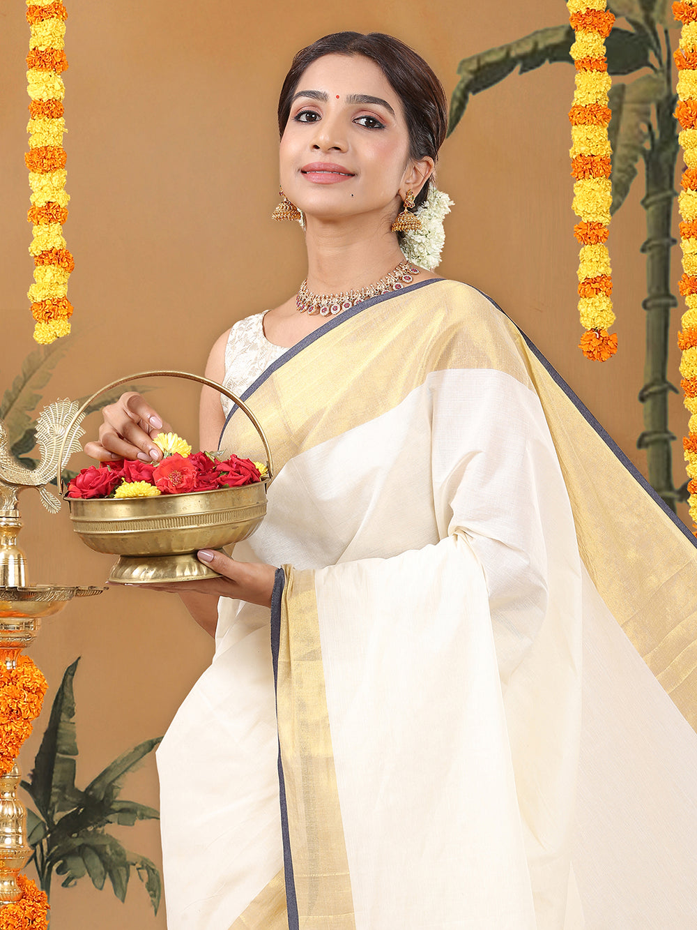 Off White Cotton Set Saree with Black Highlights and Dual Kasavu Borders