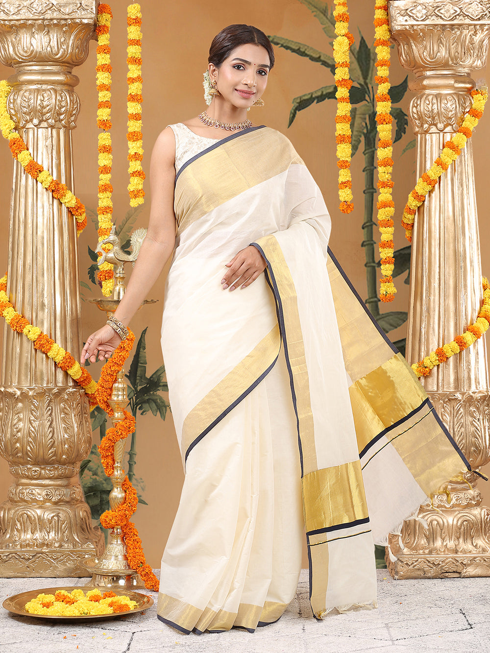 Off White Cotton Set Saree with Black Highlights and Dual Kasavu Borders