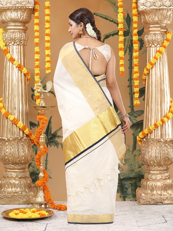Off White Cotton Set Saree with Black Highlights and Dual Kasavu Borders