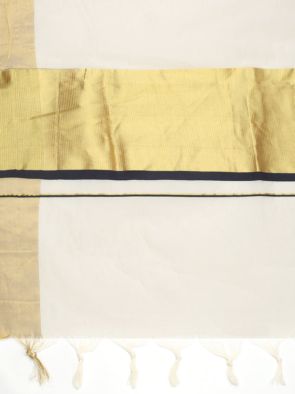 Off White Cotton Set Saree with Black Highlights and Dual Kasavu Borders