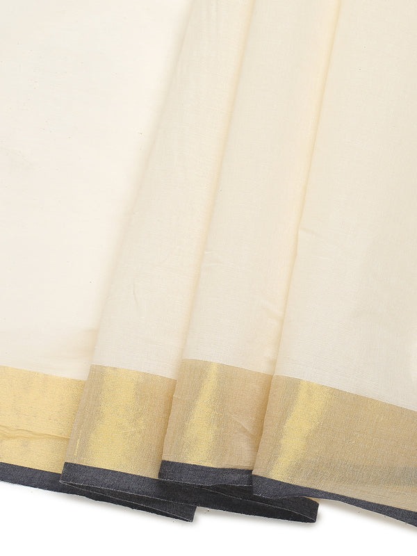 Off White Cotton Set Saree with Black Highlights and Dual Kasavu Borders