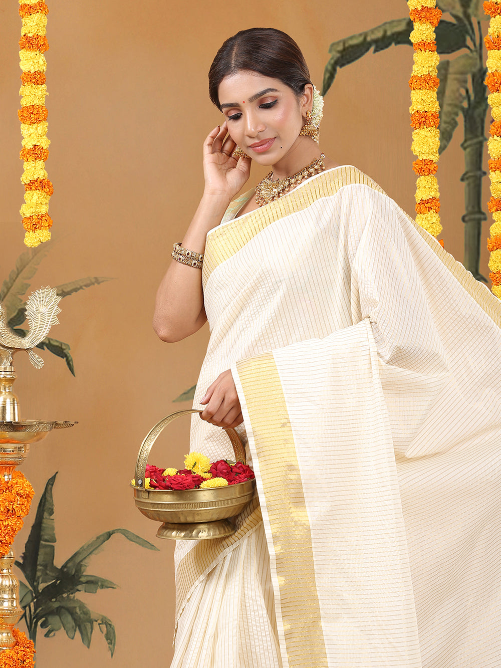 Off-White Cotton Set Saree with Golden Stripes and Yellowish Kasavu Pallu