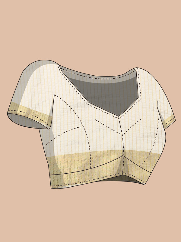 Off-White Cotton Set Saree with Golden Stripes and Yellowish Kasavu Pallu