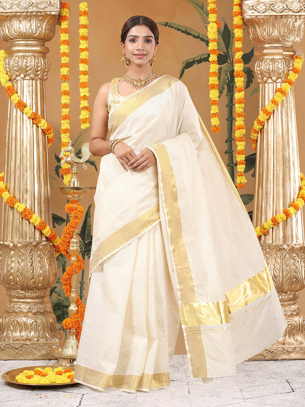 Off-White Cotton Set Saree with Golden Stripes and Yellowish Kasavu Pallu