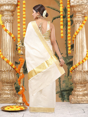 Off-White Cotton Set Saree with Golden Stripes and Yellowish Kasavu Pallu
