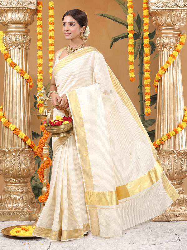 Off-White Cotton Set Saree with Golden Stripes and Yellowish Kasavu Pallu