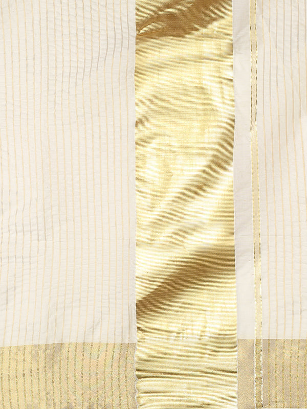 Off-White Cotton Set Saree with Golden Stripes and Yellowish Kasavu Pallu