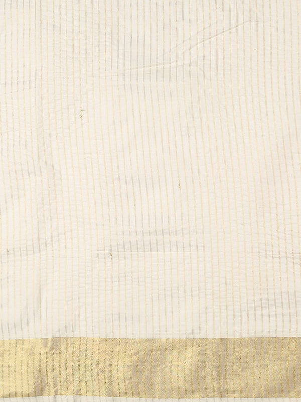 Off-White Cotton Set Saree with Golden Stripes and Yellowish Kasavu Pallu