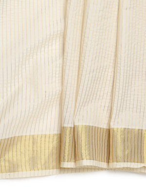 Off-White Cotton Set Saree with Golden Stripes and Yellowish Kasavu Pallu