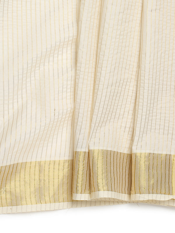 Off-White Cotton Set Saree with Golden Stripes and Yellowish Kasavu Pallu