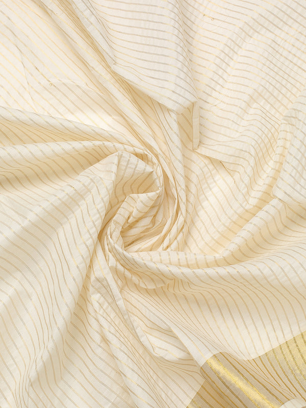 Off-White Cotton Set Saree with Golden Stripes and Yellowish Kasavu Pallu