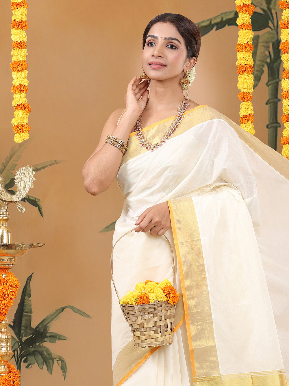 Off White Cotton Set Saree with Golden Kasavu With Orange Border and Golden Kasavu Accents On Pallu