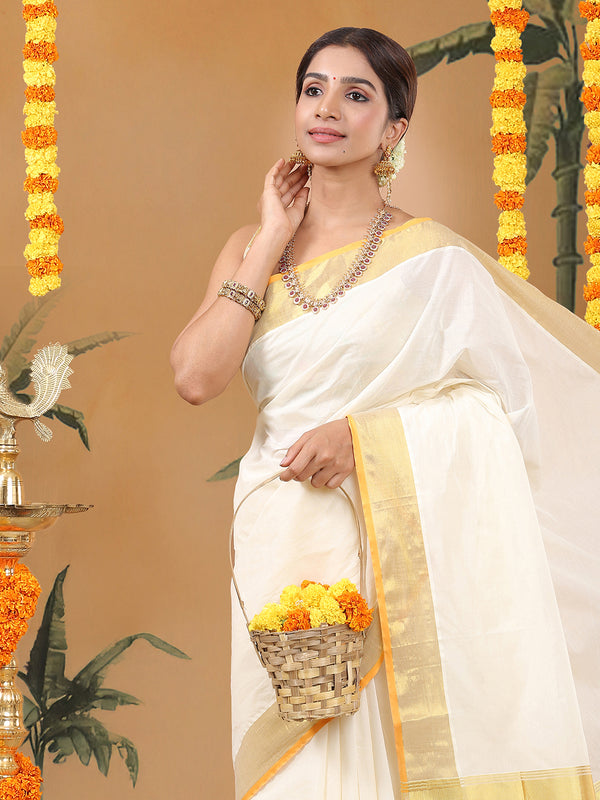 Off White Cotton Set Saree with Golden Kasavu With Orange Border and Golden Kasavu Accents On Pallu