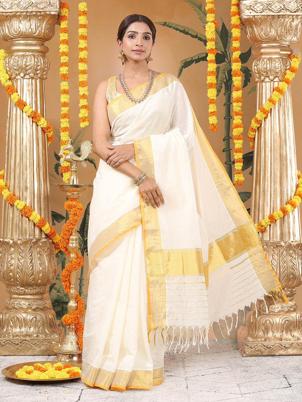 Off White Cotton Set Saree with Golden Kasavu With Orange Border and Golden Kasavu Accents On Pallu